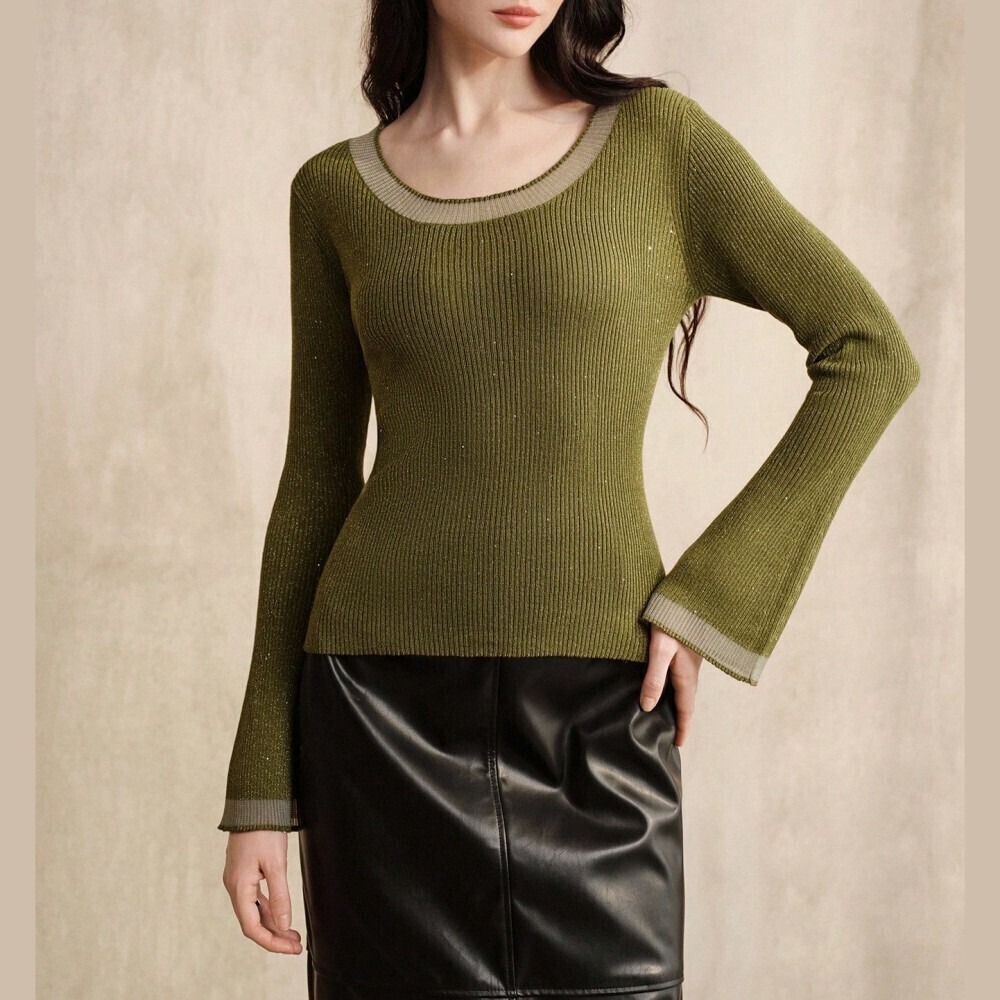 Olive Green Ribbed Knit Sweater with Contrast Trim Bell Sleeves